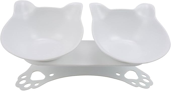 Cat Double Bowl Dog Non-Slip Food with Raised Stand Feeding & Watering Supplies Pet(White)