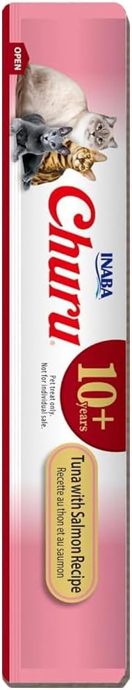 INABA Churu for Senior 10+, Creamy Lickable Cat Treats with Taurine, Vitamin E & C, 0.5 Ounces Each, 24 Tubes (4 per Pack), Tuna with Salmon Recipe