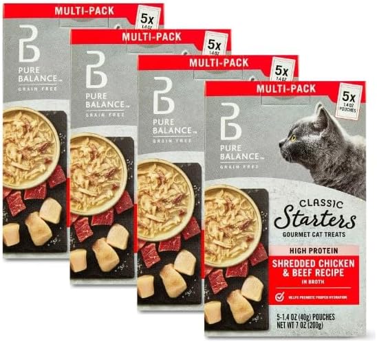 Pure Balance Classic Starters Gourmet Cat Treats, Shredded Chicken & Beef in Broth, High Protein, Soft Treats ~ 5 Pouches of 1.4 Oz ~ Inside, Wet Cat Treat Adult Cats ~ (4 Box).