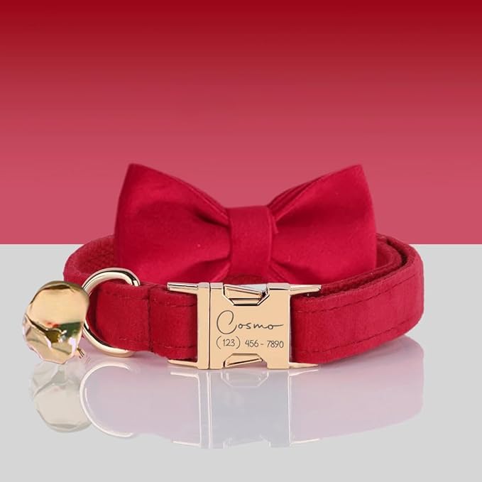 Personalized Cat Collar with Bell, Engraved Text and Icon, Matching Bow Tie Option, Fancy Velvet Pet Collar with Metal Buckle, Options, Custom Gift for Kitten