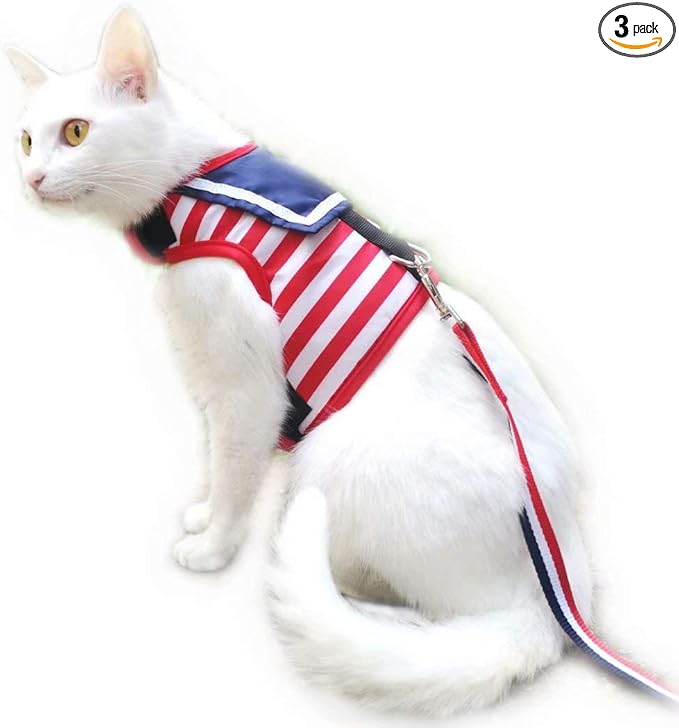Cat Harness and Leash for Walking Escape Proof, Adjustable Cat Vest Harness, Padded Stylish Cat Walking Jackets, Sailor Suit Red, Small