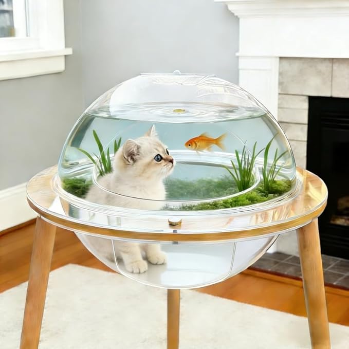 Large Cat Cave House with 360° Immersive Cat TV - 2-in-1 Cat Bed & Fish Tank, Heavy-Duty Plywood Base + 4mm Acrylic, Internal Tunnel, Indoor Cat Enrichment Furniture