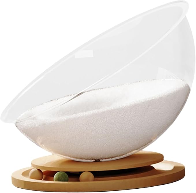 Semi Capsule Cat Bed with Bead Turntable Toy, All-Seasons Indoor Outdoor Pet Sleeping Nest, Easy Cleaning Stable Cat Furniture- Wood with mat S