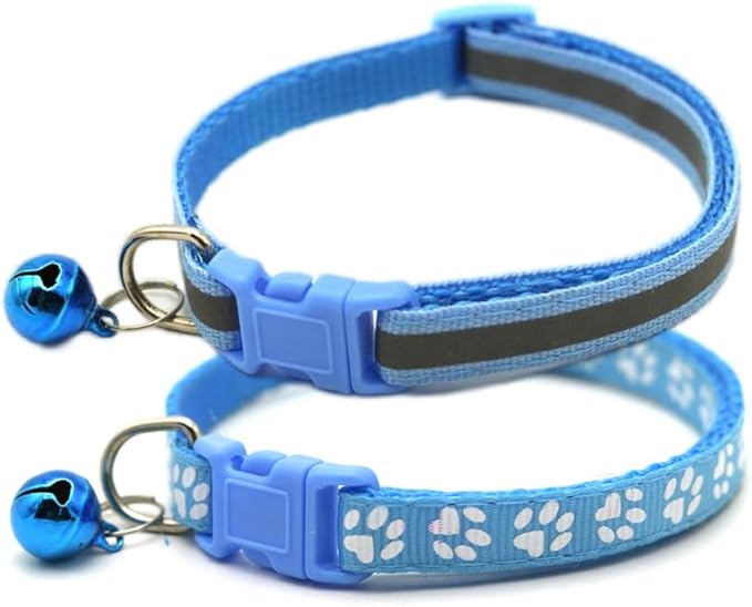 Light Blue Dog Bell Collar, 2-Pack Basic & Reflective Boy Puppy Collar with Bells for XXS Xs Small Pet Male Dogs Tiny Cats, S