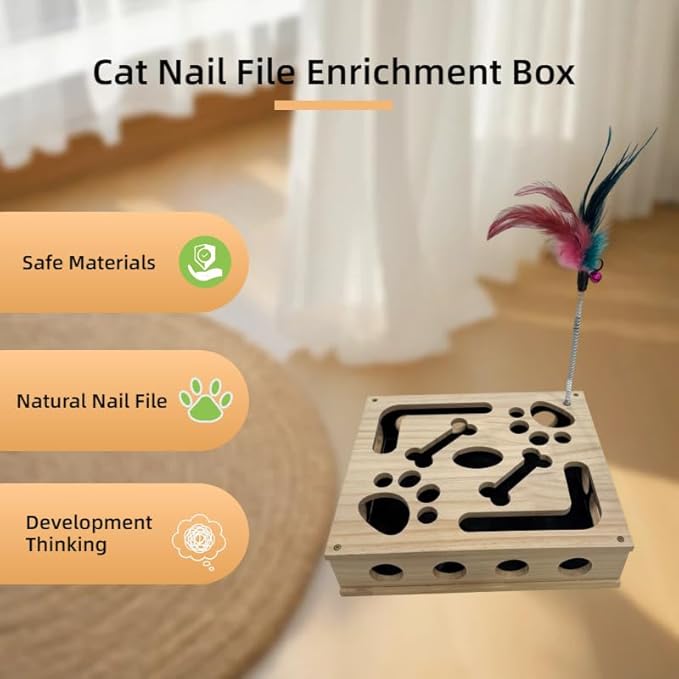 Cat Nail File Scratch Enrichment Box Enrichment Puzzle Toy for Indoor Cats Interactive Cat Scratch Puzzle Enrichment Box Toy with Sandpaper and Bell Ball, Nail File Stress for Cats