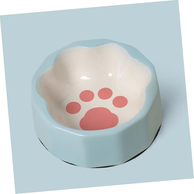 Ceramic Pet Bowl Tilted Cat Dish with Cute Animal Paw Print Small Dog Feeder Bowl Blue for Pets Feeding and Watering