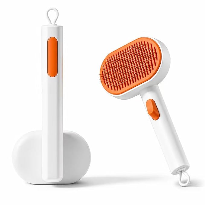 Pet Grooming Brush for Cats and Dogs, Stainless Steel Deshedding Brush with One-Click Cleaning Button, Skin-Friendly Massage Pins, Removes Loose Hair and Tangles (White)