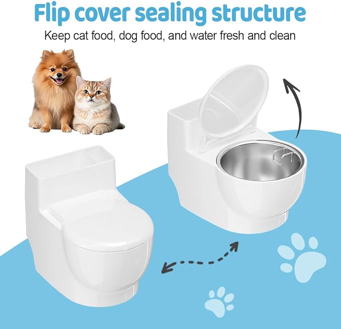 Toilet Shape Cat Bowl, Wall Mounted Hanging Pet Feeder with Stainless Steel Bowl, Flip Lid Cover, Stop Cats Drinking from Toilet