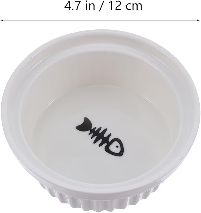 Ceramic Cat Food Bowl with Iron Stand Raised Pet Feeder for Neck Protection White Fishbone Bowl and Black Cat Ear Rack 2pcs