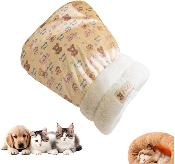Winter Warming Cat Sleeping Bag，Soft Plush Sleeping Bag for Indoor Cats，Cozy Pet Nest for Cats and Dogs, Portable Calming Pet Nests，Cat Cave Bed Self Warming Bed (Brown, Large（22.5 * 18.8 in）)