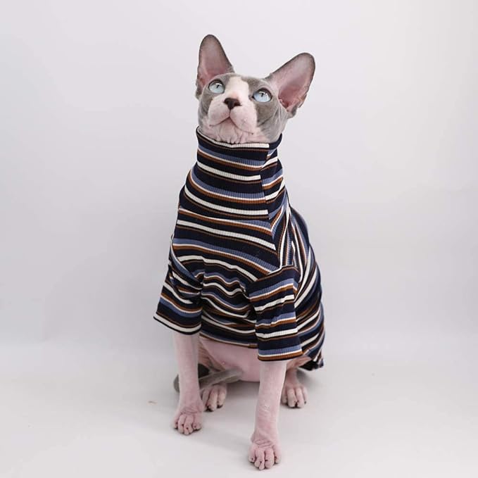 Turtle Neck Vintage Stripes Sphynx Hairless Cat Cotton T-Shirts Pet Clothes Vest Kitten Shirts Sleeveless, Cats & Small Dogs Apparel (Vintage Deep Blue, XL (9-12.5 lbs))