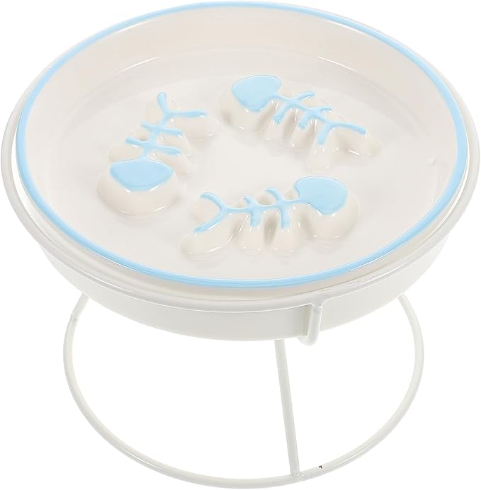 Kichvoe Elevated Ceramic Cat Bowl Slow Feeding Pet Feeder with Iron Stand Raised Slow Eating Dish for Cats and Small Dogs Blue and White for Whisker Relief