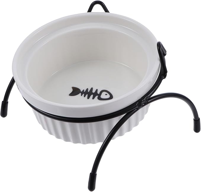 Ceramic Cat Food Feeder and Water Bowl with Raised Black Metal Stand, Fish Bone Design White Bowl, Neck Protection Elevated Pet Feeding Dish for Cats, 2pcs Set