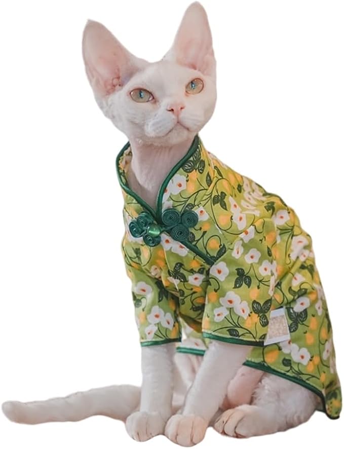 Traditional Culture Sphynx Hairless Cat Cotton T-Shirts Cat Clothes Pet Sweater Cat Vest Pet Clothes Kitten Shirts Cats & Small Dogs Apparel (White Petunia Chi-Pao, XXL (13-15 lbs))