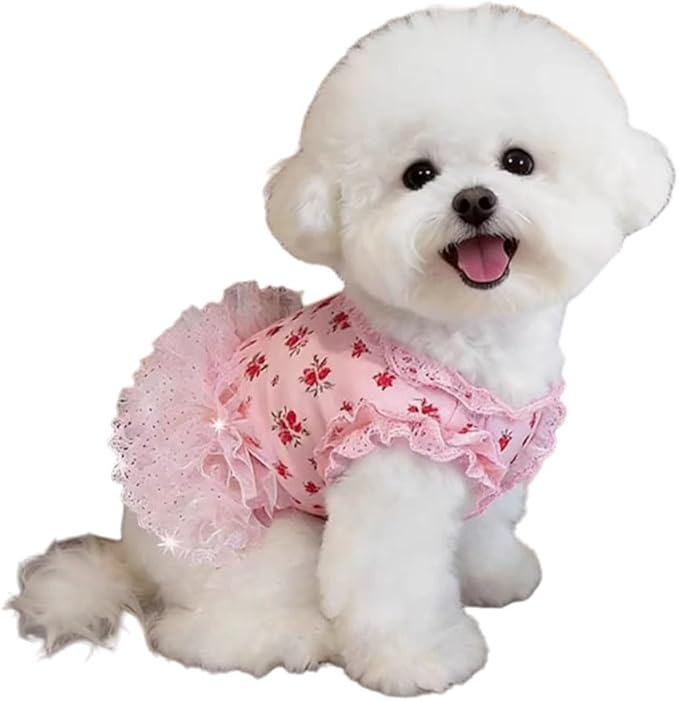 Summer Pet Dress for Small Dogs Cats, Ice Silk Cotton Floral Print Tutu Skirt with Built-in D-Ring, Breathable Sleeveless Puppy Kitten Outfit for Daily Walk and Photo (Pink-Tutu, X-Large)