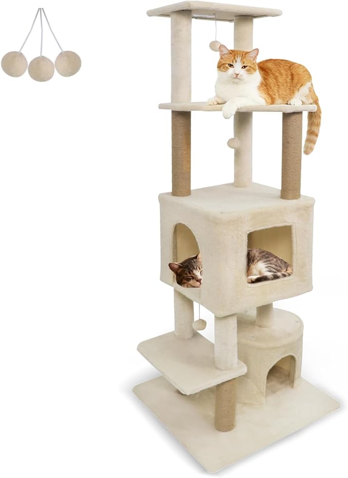 Tangkula 64 Inch Tall Cat Tree, Multi-Level Cat Tower with 2 Large Condos, Jute Scratching Posts, Plush Top Perch, Dangling Toys, Cat Climbing Furniture for Indoor Adult Cats & Kittens (Beige)
