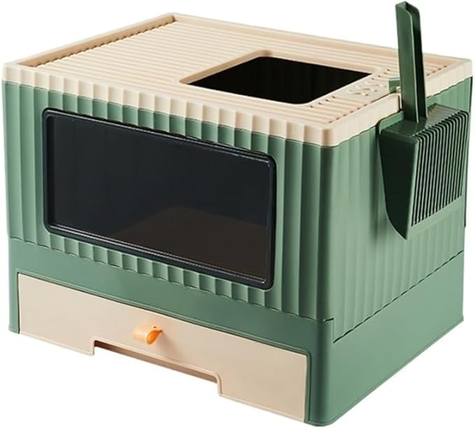 Pet Supplies, Foldable Top Entry Cat Litter Box with Lid, Anti Splashing & Drawer Design(Green)