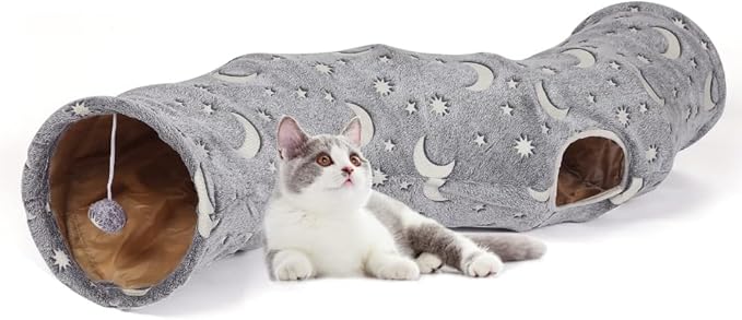 Cat Tunnel Tube with Plush Ball Toys Collapsible Self-Luminous Photoluminescence, for Small Pets Bunny Rabbits, Kittens, Ferrets,Puppy and Dogs Grey Moon Star (S-Shape)