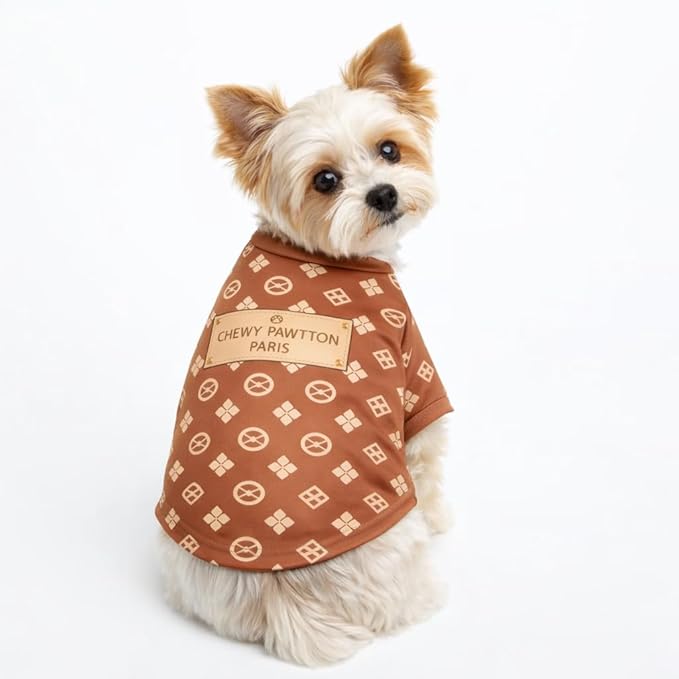 Luxury Designer Dog T Shirt – Trendy Puppy Clothes for Small Dogs, Fashion Pet Tee for French Bulldogs & Chihuahuas, Everything Chic Dog Apparel (ChewyPawttonTee, Medium)