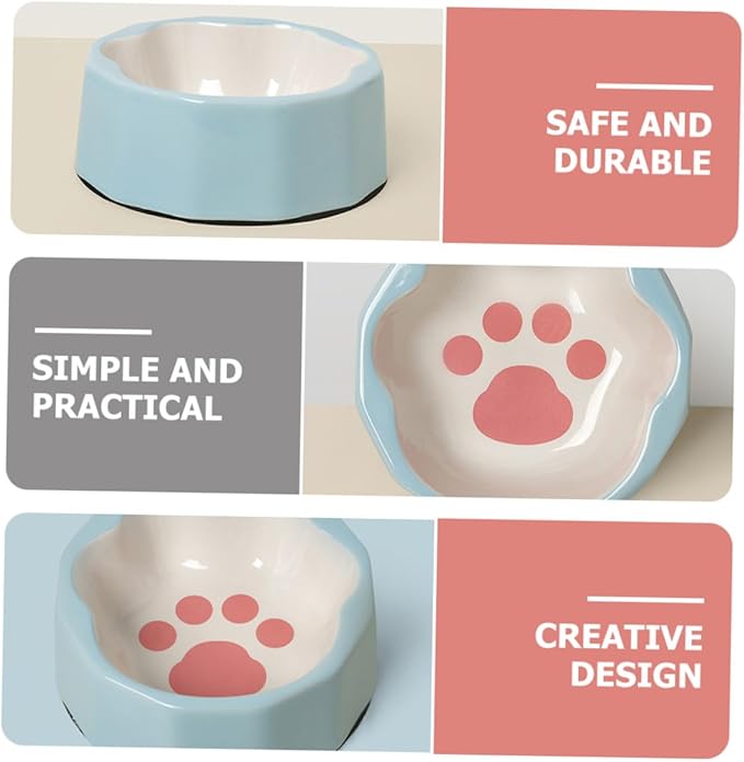 Ceramic Tilted Pet Bowl Blue Small Slanted Cat and Dog Feeder Bowl with Animal Paw Print for Feeding and Watering Pets