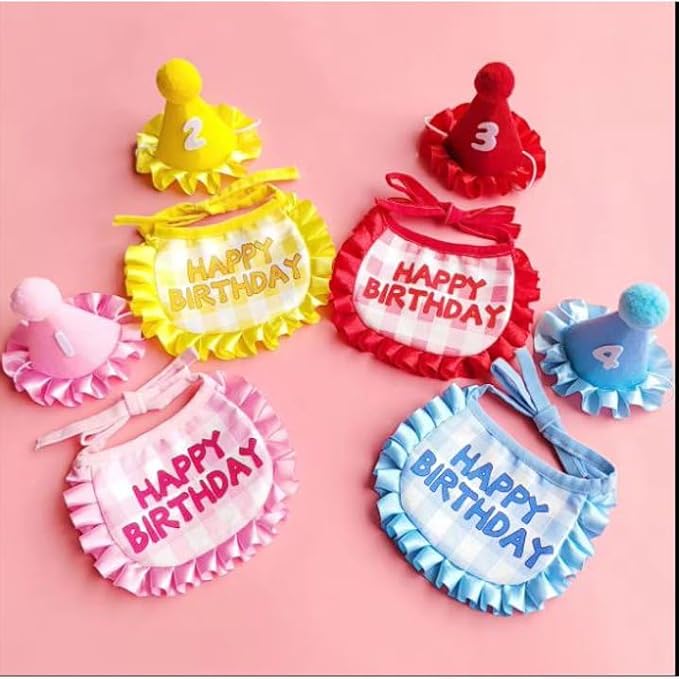 Pet Party Outfit – Cute Hat and Ruffled Bandana Set with Number Patches – 3-Piece Birthday Costume for Kitten, Puppy, Cat or Small Dog – Gift and Celebration Accessory (Red)