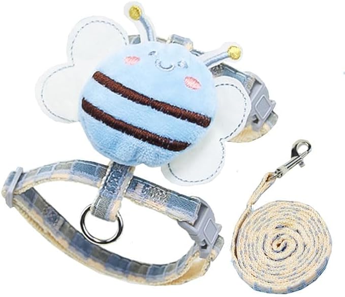 Cat Harness & Leash Set, Cats Escape Proof - Adjustable Kitten Harness for Large Small Cats, Cute Bee Plaid Lightweight Soft Petsafe Harness (Blue Plaid Bee, M (for 7.0-16.5lb))