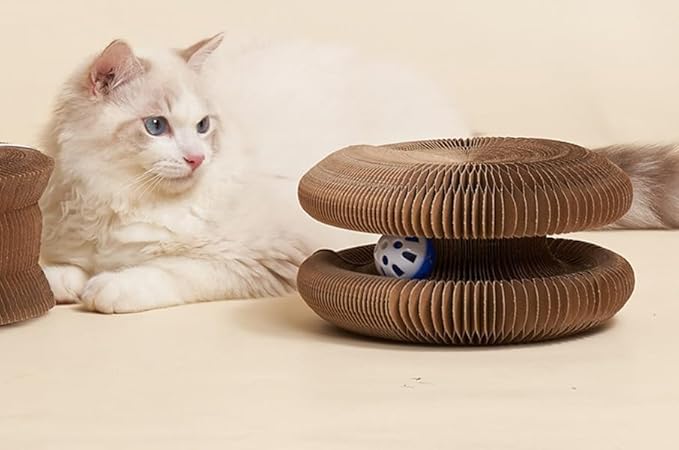 Recycled Corrugated Cardboard Cat Scratching Board with Toy Ball – Interactive Scratch Pad for Indoor Cats, Eco-Friendly & Durable Play Surface
