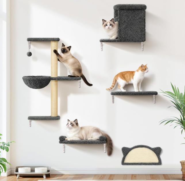 5-in-1 Cat Wall Shelves, Solid Wood & Velvet Wall Mounted Cat Furniture with Sisal Scratching Post, Holds Up to 44lbs, Fits Drywall & Solid Walls - Dark Gray