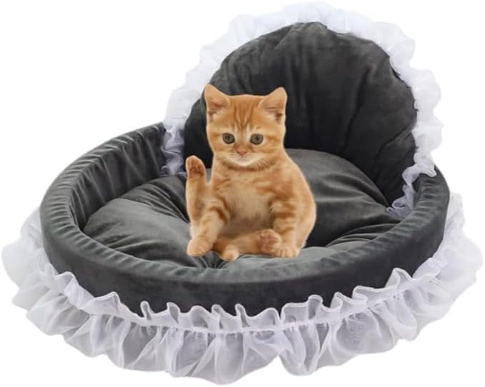 Cute Cat Bed Heart-Shaped Cat Nest Lace Lace Princess Nest Cotton Velvet Warm Soft Cat Sofa Bed Suitable for Cats and Dogs to Spend The Warm Winter (L,Grey)