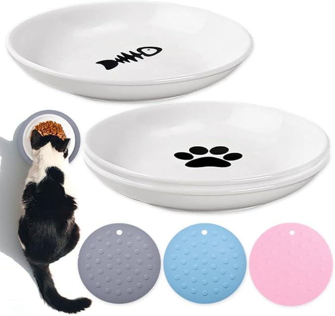 Shallow Cat Food Dish Ceramic Cat Plates for Wet Food Flat Cat Bowl for Whisker Fatigue Wide Kitten Feeding Tray Cute Cat Food Bowl Non Slip Cat Feeding & Watering Supplies (3 Sets)