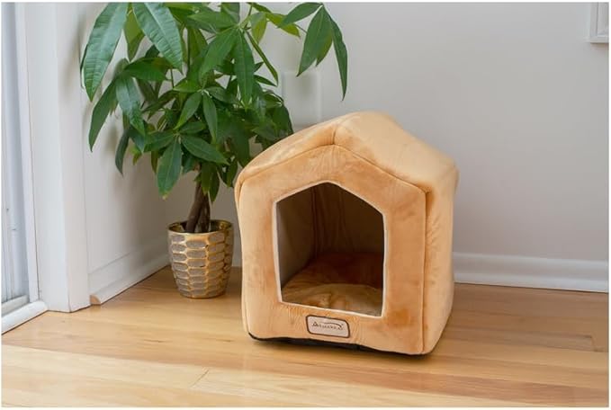 Maykoosh Cat Bed House Shape Velvet Soft Plush Cozy Pet Bed Beige & Brown