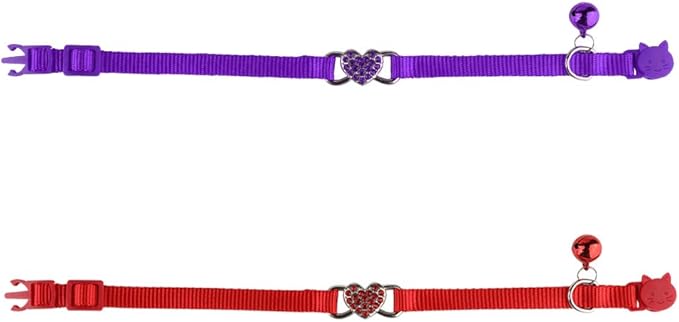 Mtliepte 2 Pcs Cat Collars Heart Bling Breakaway with Bell Nylon Adjustable for Kitty (red+Purple)