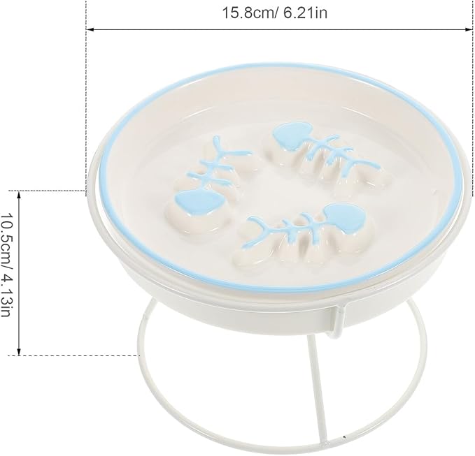BESTYASH Elevated Ceramic Slow Feeder Cat Bowl and Dog Food Bowl with High Stand, Anti-Choke Design for Small Pets, Blue Slow Feed and White Triple Line Raised Feeding Station for Indoor