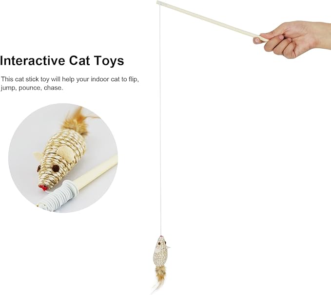 TTcat Wood Cat Wand Toy with Feather Mouse, Interactive Cat Toy for Indoor Cats Kitten to Play Chase Exercise