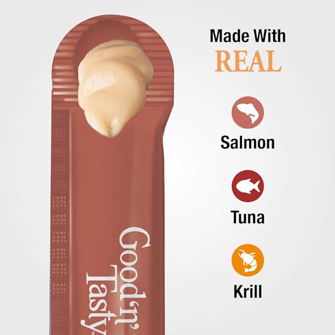 Good ‘n’ Tasty Savory Spoonables with Real Salmon, Tuna & Krill, 6 Count Tube, Triple Flavor Squeezable Lickable Wet Treats for Cats with Built-in Spoon for Less Mess, 6 Pack