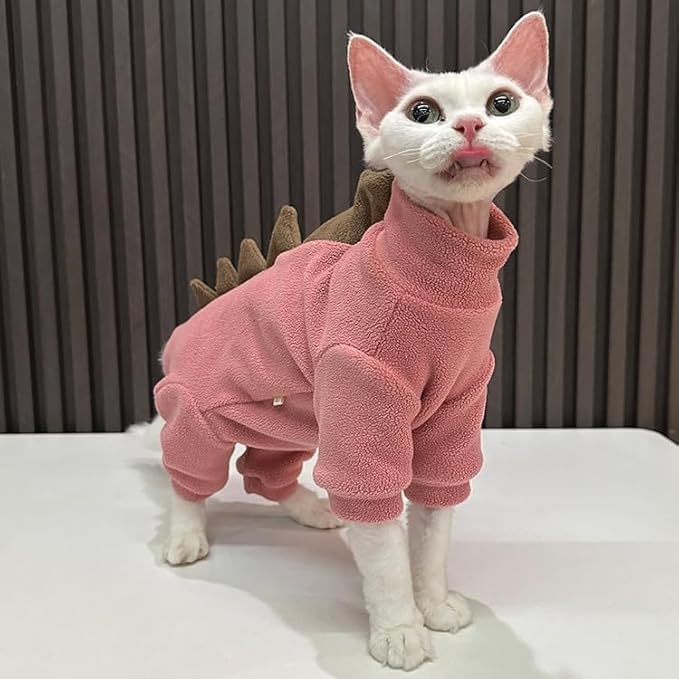 Sphynx cat Clothes, Dinosaur Costume, Hairless Cats Warm Clothes for Cornish Rex and Devon Rex (Red, S(2-3.5lbs))