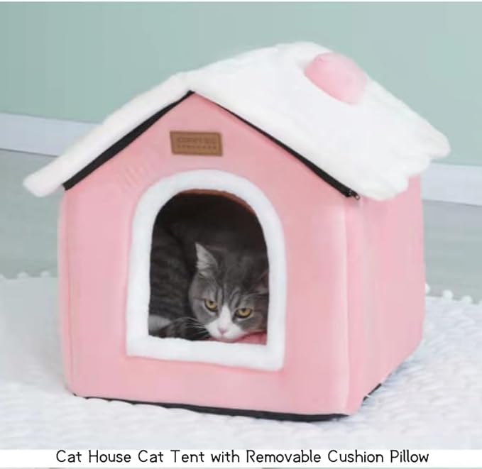 Cat Bed Cave, Cute Christmas Cat Beds for Indoor Cats, Xmas Pet House Cats Tent with Removable Cushion Pillow for Kittens Puppy Small Dogs (Pink-M(18 * 14.6 * 15.7in))