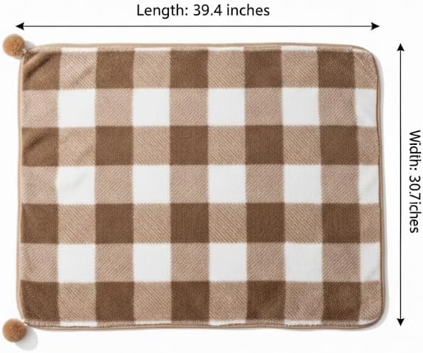 Fleece Pet Blanket for Cats and Small Dogs, Brown and White Plaid with Pom Pom Trim, Soft Plush Throw, 30.7x39.4 Inches, Machine Washable