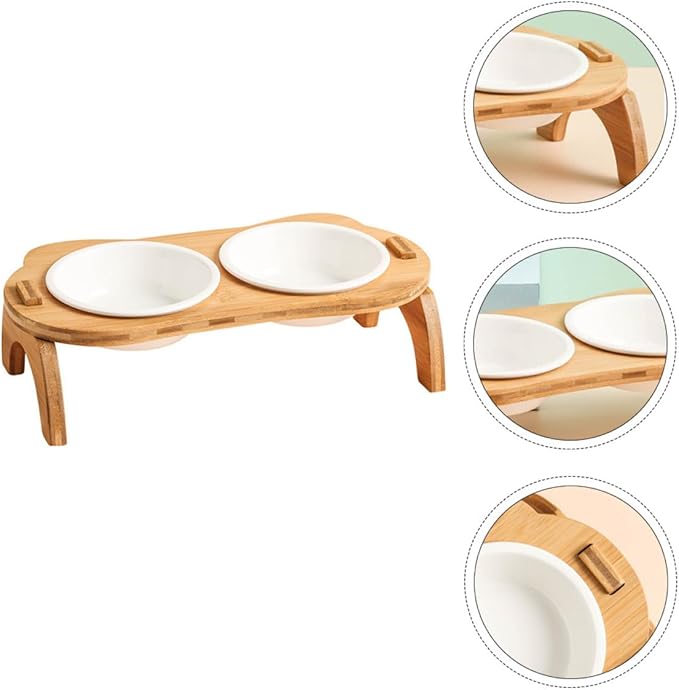 Raised Cat Feeding Bowl Set with Dual White Ceramic Bowls and Wooden Stand, High Base Orthopedic Pet Feeder for Cats and Small Dogs, Whisker-Friendly Food and Water Dish for Indoor