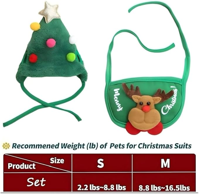 Christmas Tree Hat & Bib Set for Pets, Adjustable Dog Cat Costume with Pom-Pom for Xmas Party & Photos(S)