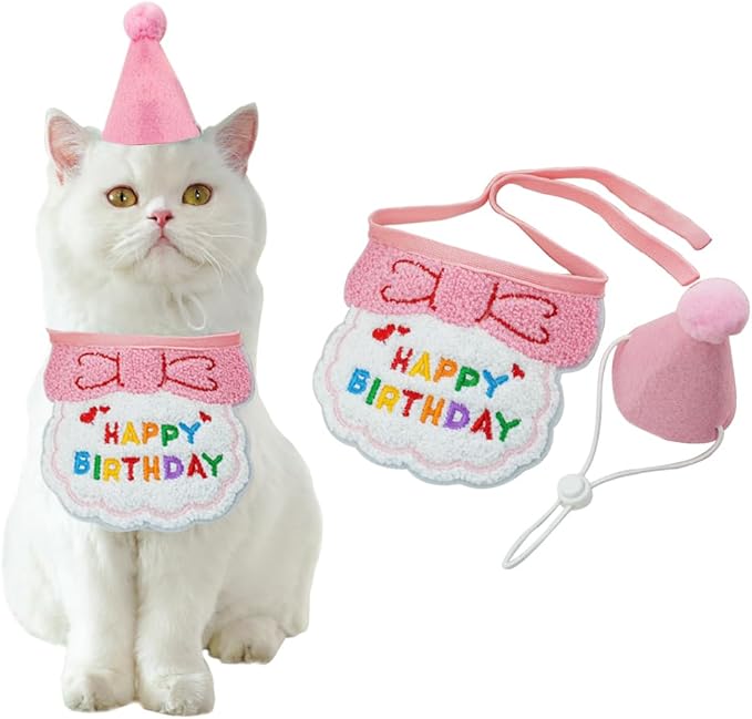 Pet Birthday Party Set, Adjustable Hat and Bandana with Happy Birthday Text, 2-Piece Celebration Accessories for Cats and Dogs (Pink)