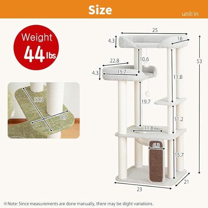 53'' Cat Tree for Large Cat, Modern Senior Friendly Cat Tower with Wide Shelves Low Step, Cotton Scratching Posts, Super Sturdy Base, Cozy Perches, and Interactive Toys (White)