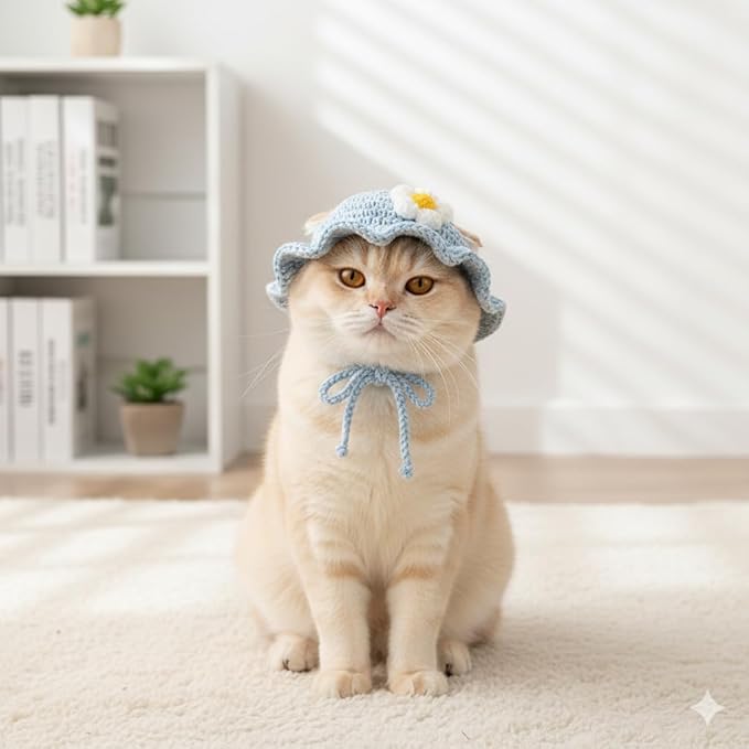 Cute Cat Hat with Flower Design - Soft Knitted Pet Costume for Medium Cats | Lightweight Polyester, Adorable Styling for Photoshoots, Birthday & Daily Dress Up (Light Blue)