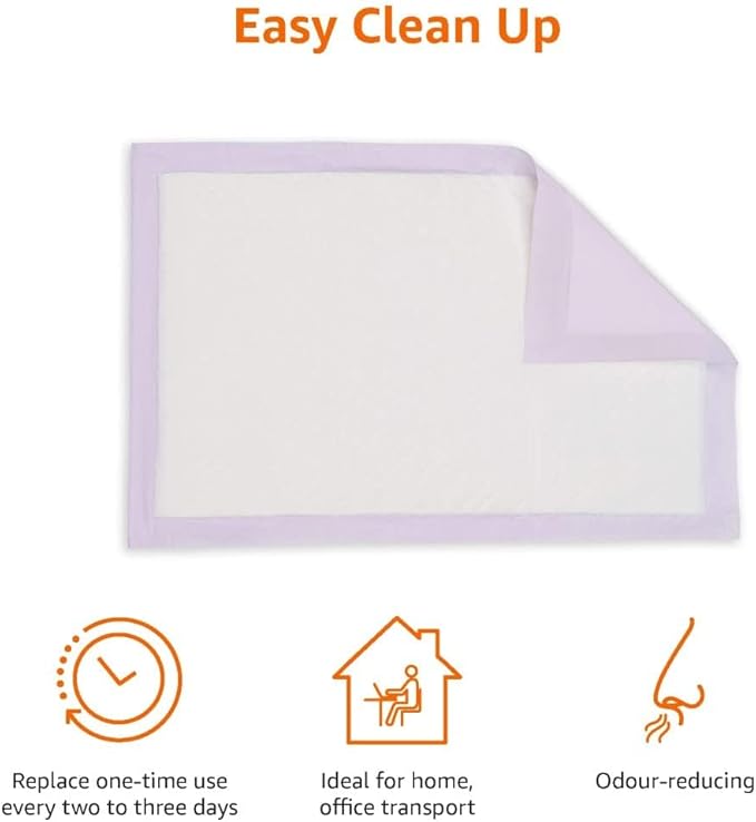 Amazon Basics Cat Pee Pads, Super Absorbent, Odor Control with Lemon Scent, Universal Fit for Cat Litter Box System, Multi Cat, Disposable, White/Purple, 100 Count