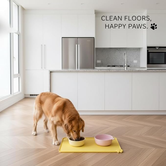 Cute Silicone Pet Feeding Mat for Dogs and Cats, Waterproof Non-Slip Food Tray with Raised Edges for Clean Floors All Season Use (Yellow)
