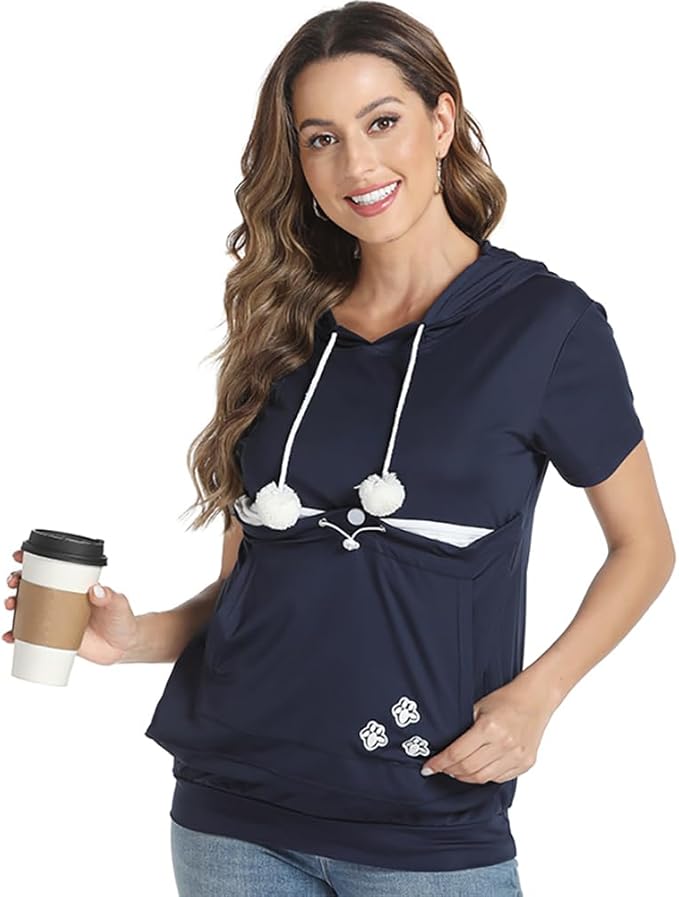 Women Big Pouch Shirt Pet Holder Pocket Top Short Sleeve Solid Color T-Shirt