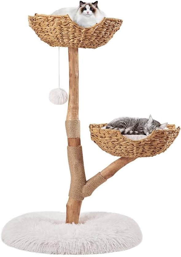 unipaws Wood Cat Tree Tower for Large Cats 20lbs, Updated Enlarge 24" Base with Dual Woven Baskets, 41" H Cat Activity Tree with Plush Cushions and Scratching Post