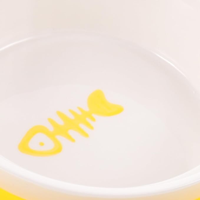 ORFOFE Ceramic Cat Food Bowl Set with Raised Yellow Thickened Double Bowls and Sturdy Stand, Reusable Indoor Pet Feeding and Watering Dish for Cats and Kittens