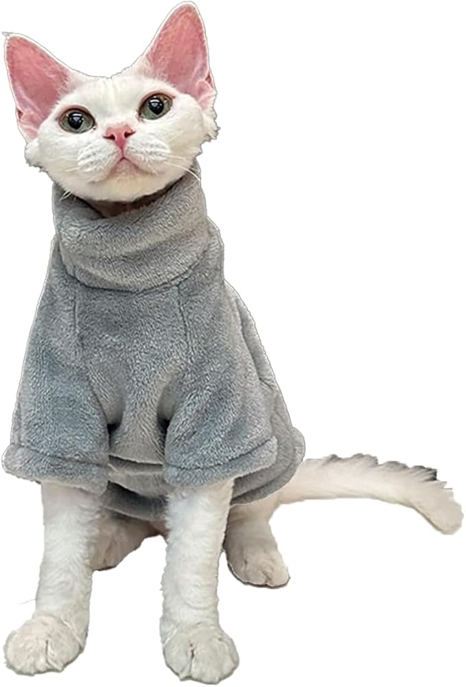 Sphynx Cat Clothes Winter Turtleneck Soft Coral Fleece Cat Clothes Thicken Warm Pajamas Coat for Hairless Cats and Small Cat Apparel with Sleeves (Iron Gray, L (6-9.3lbs)