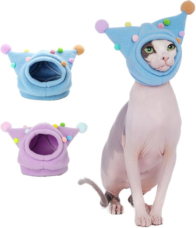 Fleece Funny Cat Hats with Pom-poms, Warm Adjustable Straps, Halloween Costume, Headwear for Cats Birthday (Blue+Purple, L(Face Circle 10-11''))
